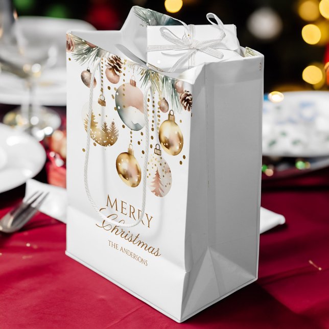 Sacola Para Presentes Média Merda natalícia baubles metálicos (Merry Christmas boho metallic silver gold baubles pines watercolor personalized Gift Bag )