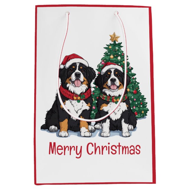 Sacola Para Presentes Média Merry Christmas Bernese Mountain Dogs (Frente)