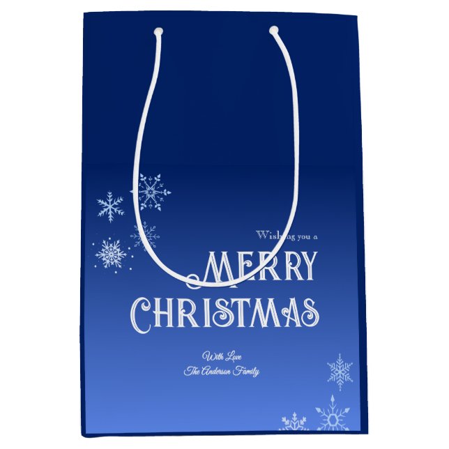 Sacola Para Presentes Média Merry Christmas Blue Modern Snowflake (Frente)