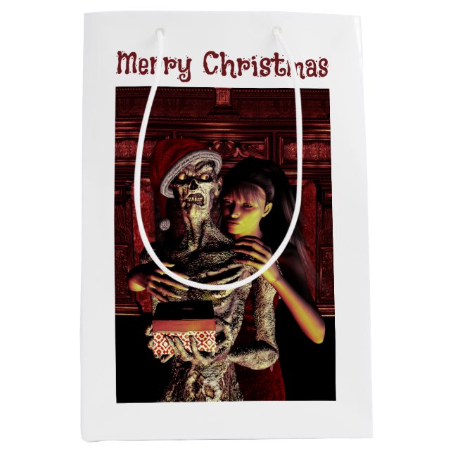 Sacola Para Presentes Média Merry Christmas. Funny skeleton with woman (Frente)