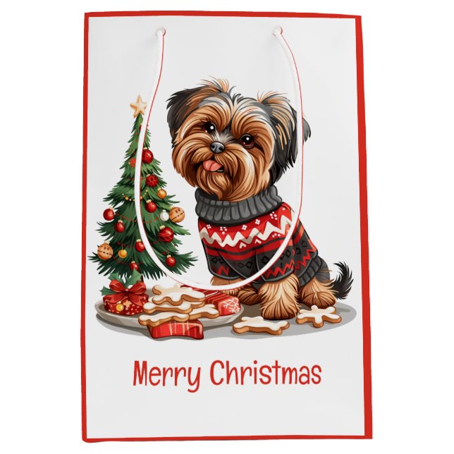 Sacola Para Presentes Média Merry Christmas Yorkshire Terrier Dogs (Frente)