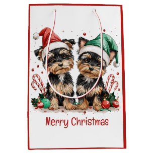Sacola Para Presentes Média Merry Christmas Yorkshire Terrier Dogs