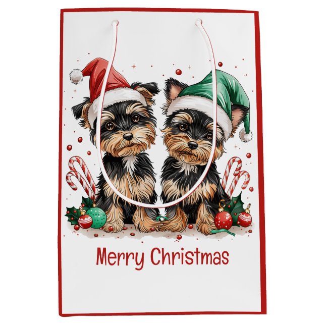 Sacola Para Presentes Média Merry Christmas Yorkshire Terrier Dogs (Frente)