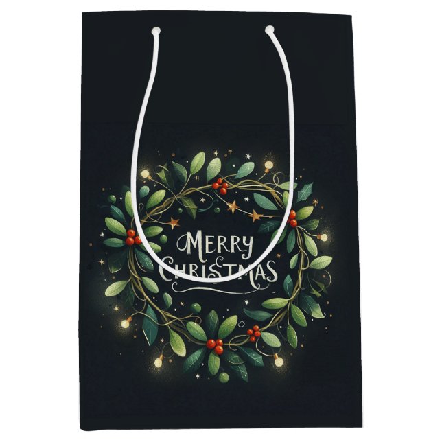 Sacola Para Presentes Média Mery Christmas Mistletoe Wreath (Frente)