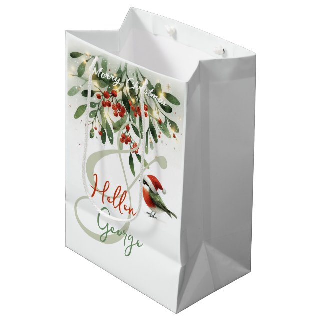 Sacola Para Presentes Média Mery Christmas Robin Mistletoe personalizado (Frente inclinada)