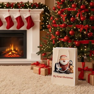 Sacola Para Presentes Média Meu Primeiro Natal Fofinho Papai Noel & Animais