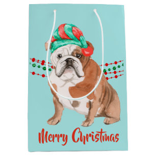 Sacola Para Presentes Média Miçangas de String de Feriado Santa Hat Bulldog
