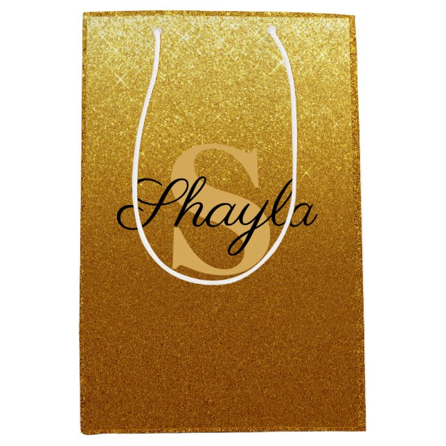 Sacola Para Presentes Média Minigrafia Dourada Falsa, Com Monograma (Frente)