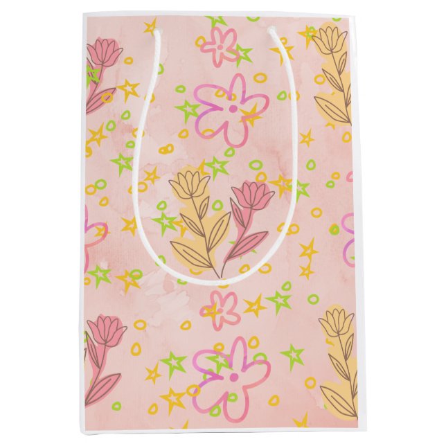 Sacola Para Presentes Média Minimal Floral Doodle Pattern –Pastel Pink pattern (Frente)