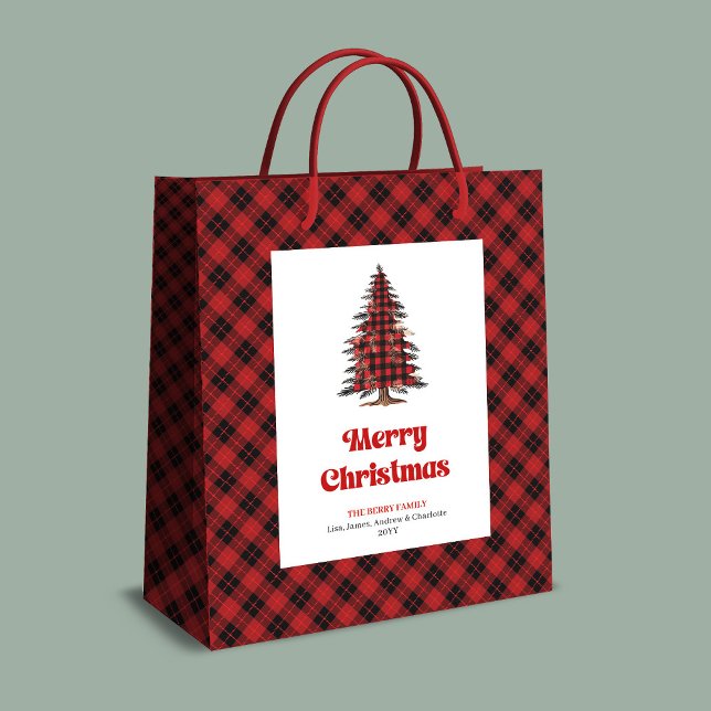 Sacola Para Presentes Média Minimal red black tartan Christmas bag personalize (Minimal red black tartan Christmas bag personalized)