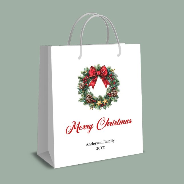 Sacola Para Presentes Média Minimalist Christmas wreath gift bag personalized (Minimalist Christmas wreath gift bag personalized)