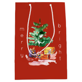 Sacola Para Presentes Média Mínimo de Feliz e Brilho da Árvore de Natal modern