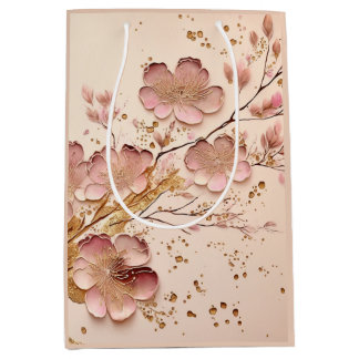 Sacola Para Presentes Média Mínimo Elegante Floral Rosa e Dourado