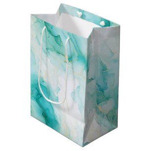 Sacola Para Presentes Média Mint Aqua Glam Elegante Dourado Marble
