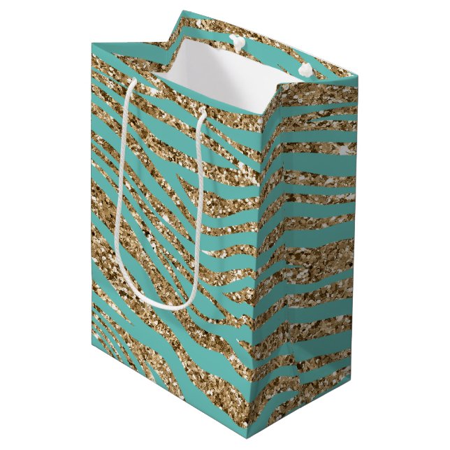 Sacola Para Presentes Média Mint Dourado Faux Glitter Zebra (Frente inclinada)