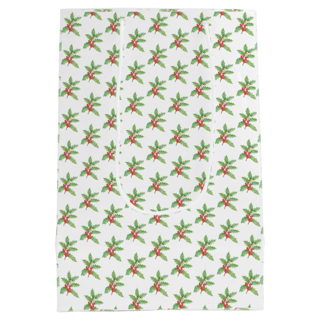 Sacola Para Presentes Média Miram delicadas bagas de Natal Holly (Verso)