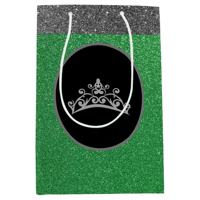 Sacola Para Presentes Média Miss Pageant Crown Green FX GlitterGift Bag (Frente)