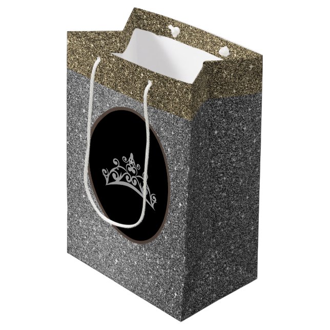 Sacola Para Presentes Média Miss Pageant Tiara Crown Silver FX GlitterGift Bag (Frente inclinada)
