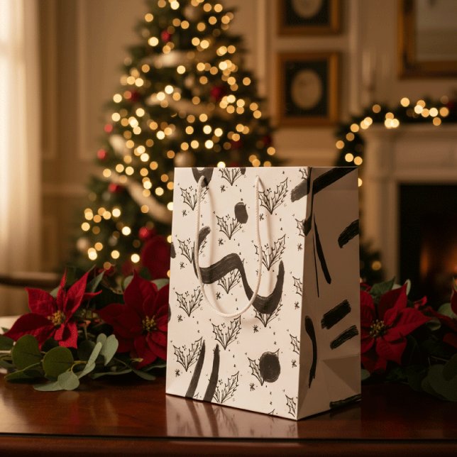 Sacola Para Presentes Média Modern Black and white doodle style art  (Criador carregado)