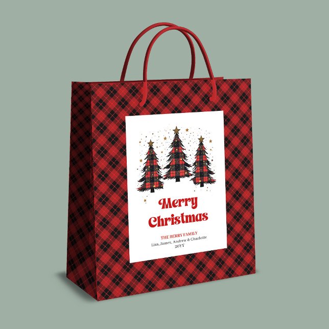 Sacola Para Presentes Média Modern buffalo plaid Christmas tree gift bag name (Modern buffalo plaid Christmas tree gift bag name)