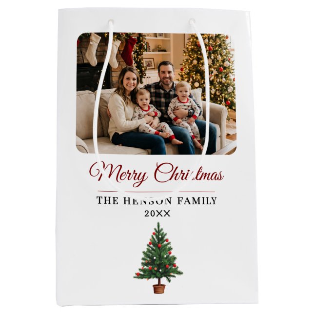 Sacola Para Presentes Média Modern Personalized Family Photo Christmas  (Frente)
