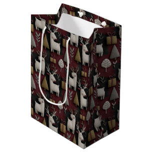Sacola Para Presentes Média Modern Reindeer & Árvore de Natal