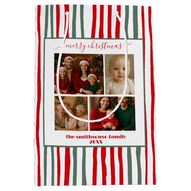 Sacola Para Presentes Média Modern Stripes family Photo merry Christmas (Frente)