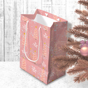 Sacola Para Presentes Média Moderno de Árvores de Natal Rosa de Nome da Famí
