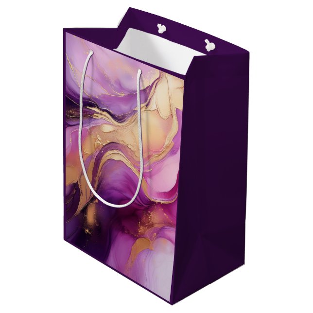 Sacola Para Presentes Média Moderno Rosa Roxo e Dourado- (Verso inclinado)