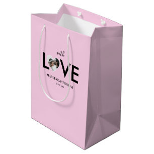 Sacola Para Presentes Média Moldura de Coração Rosa com Foto Personalizada de