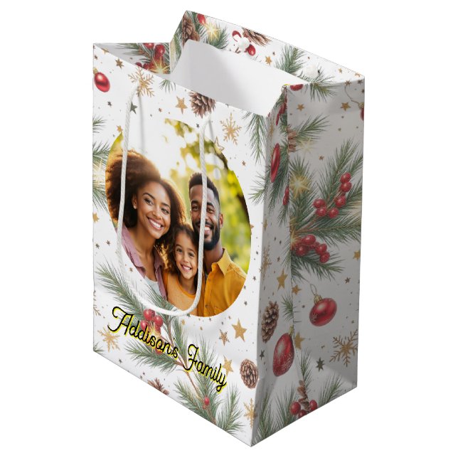 Sacola Para Presentes Média Moldura de Pinheiro Dourada (Frente inclinada)