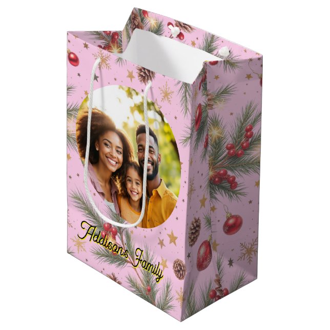 Sacola Para Presentes Média Moldura de Pinheiro Dourada (Frente inclinada)