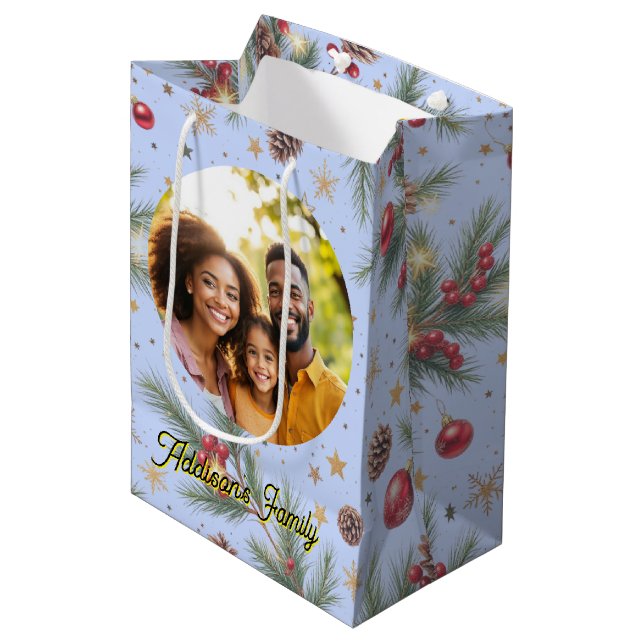 Sacola Para Presentes Média Moldura de Pinheiro Dourada (Frente inclinada)