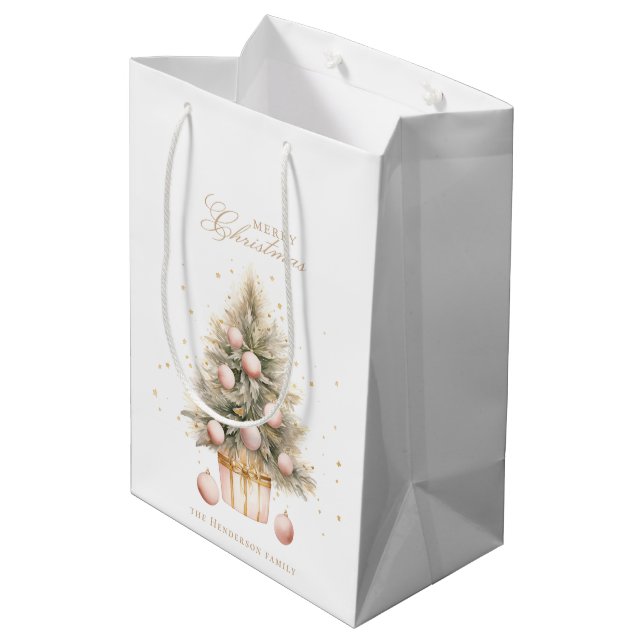 Sacola Para Presentes Média Molho de Água Rosa Elegante Árvore de Natal Feliz (Verso inclinado)
