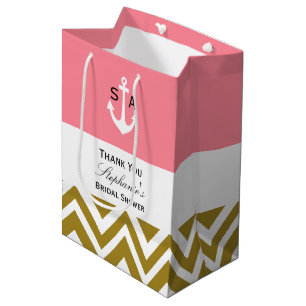 Sacola Para Presentes Média Monograma Chevron Dourado com o nupcial náutico