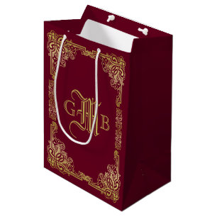 Sacola Para Presentes Média Monograma Clássico de Casamento Dourado Borgonha
