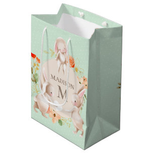 Sacola Para Presentes Média Monograma Coelho Coelho Floral Personalizado