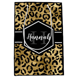 Sacola Para Presentes Média Monograma das Manchas Leopardo Pretas Douradas