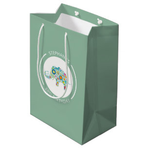 Sacola Para Presentes Média Monograma de elefantes de flores coloridas e bonit