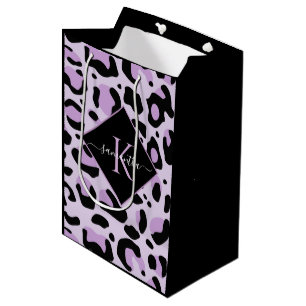 Sacola Para Presentes Média Monograma de Impressão de Leopardo de Queijo Roxo 