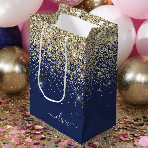 Sacola Para Presentes Média Monograma de Nome Glitter Azul Marinho Dourado Fem