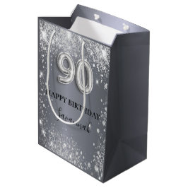 Sacola Para Presentes Média monograma de poeira de prata de 90 de aniversário