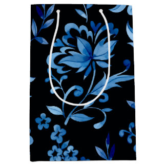 Sacola Para Presentes Média Monograma Elegante Padrão Floral Azul Vintage