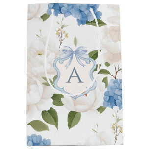Sacola Para Presentes Média Monograma Floral de Hortênsia Azul