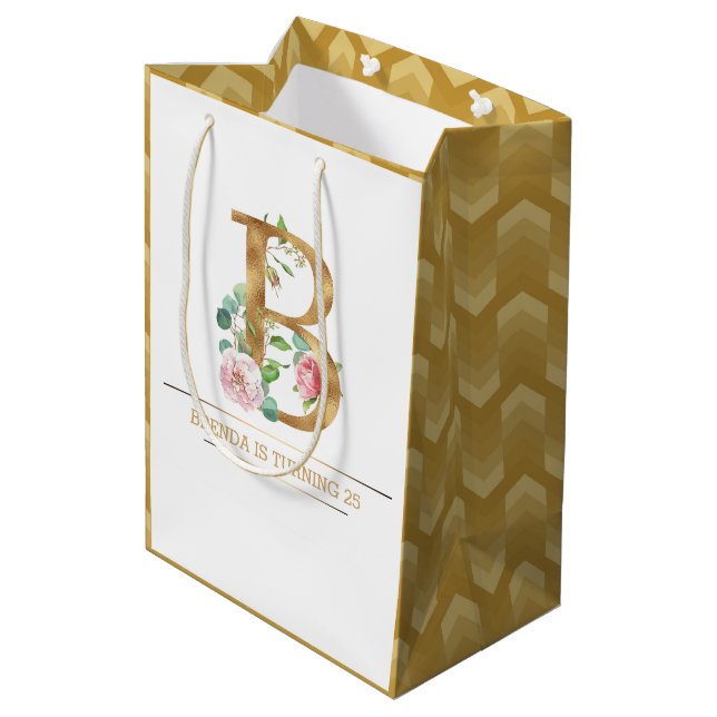Sacola Para Presentes Média Monograma floral Dourado B (Verso inclinado)