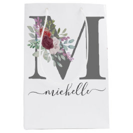 Sacola Para Presentes Média Monograma Floral Moderno com Nome Inicial