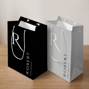 Sacola Para Presentes Média Monograma Preto Simples Personalizado Groomsmen Mé