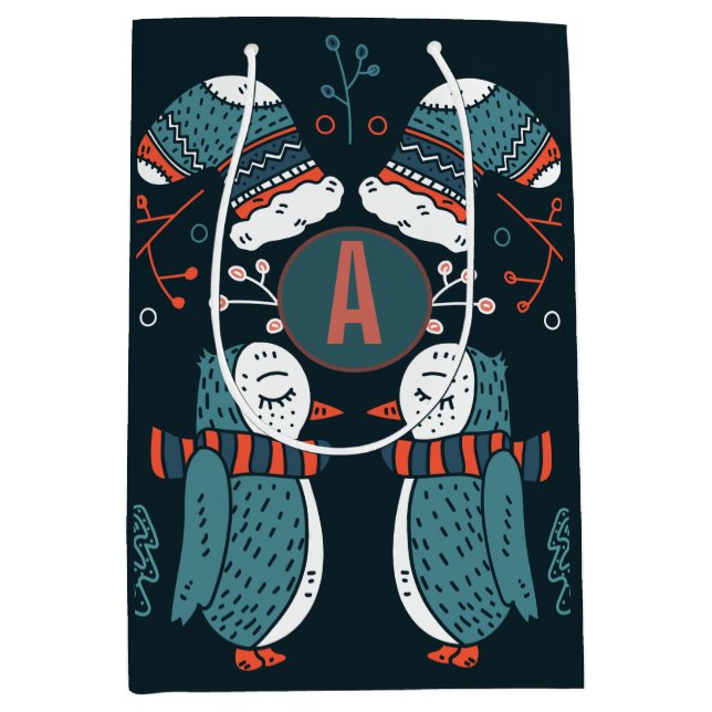 Sacola Para Presentes Média Monogramas Art Natal Azul Coruja Árvores (Frente)