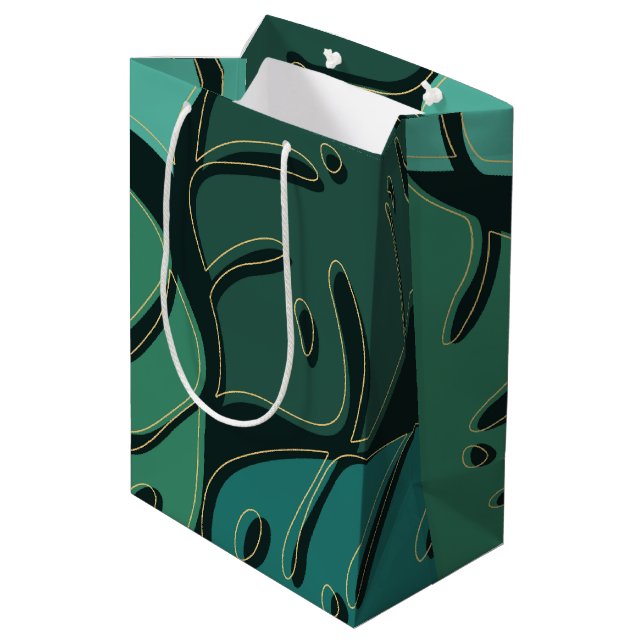 Sacola Para Presentes Média Monstera verde deixa design (Verso inclinado)