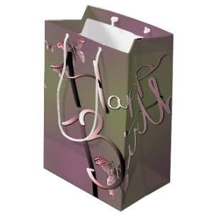 Sacola Para Presentes Média Moss Plum "Parabéns" Borboletas 3D